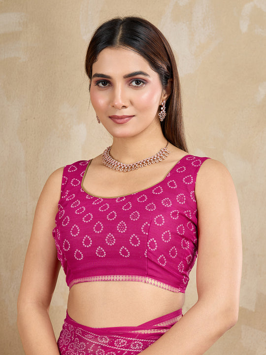 Pure Chiffon Bandhani Printed Saree With Viscose Woven Border And Blouse Piece