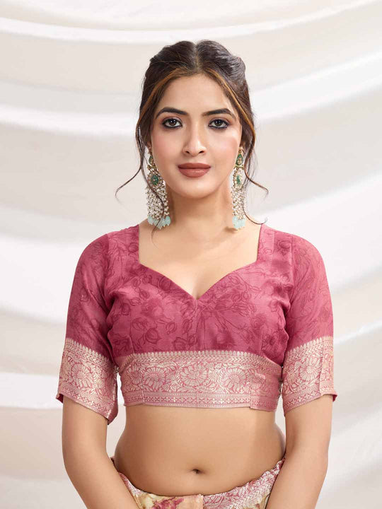 Peach Silk Chiffon Viscose Border Floral Printed Saree Saree With Blouse Piece