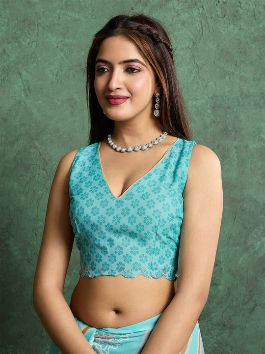 Poly Chiffon Leheriya Printed Saree With A Floral Touch And Swaroski Work With Scalloping