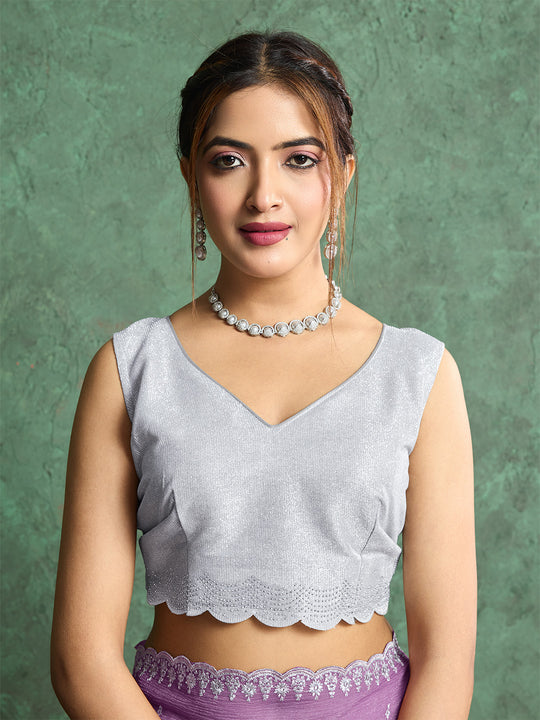 Pure Georgette Solid Embroidered Saree With Scalloping And Fancy Blouse