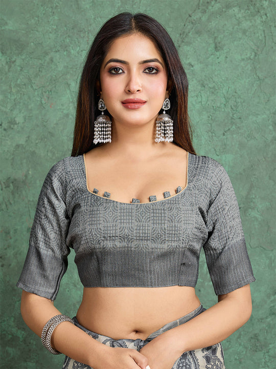 Offwhite Pure Handloom Tussar Woven Pallu Ajrakh Printed With Blouse Piece