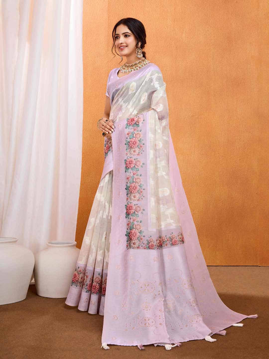 Purple Pure Cotton Lucknowi Woven Banarasi Saree With Ombre Floral Prints