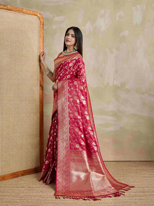 Red Pure Satin Banarasi Saree With Tassels Saree With Blouse Piece