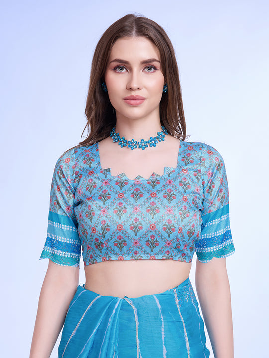 Blue Poly Chiffon Festival Saree With Blouse Piece