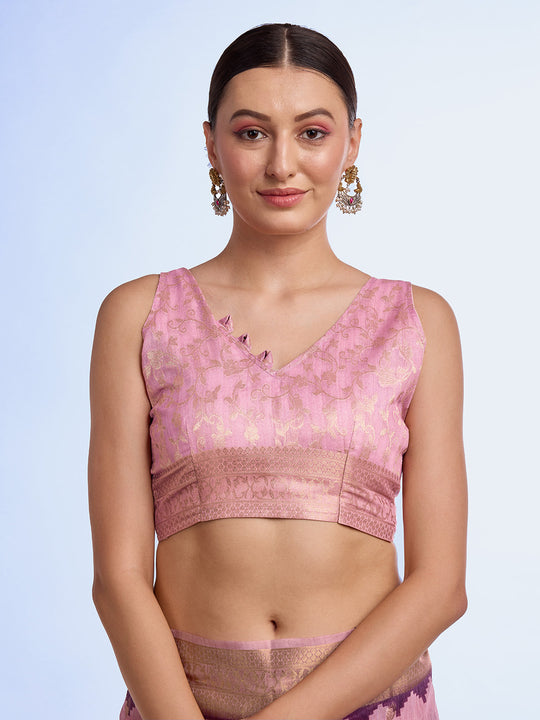 Purple Cotton Blend Saree With Blouse Piece