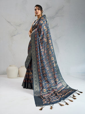 Poly Silk Woven Floral Digital Printed Saree With Woven Jacquard Border And Fancy Tassels