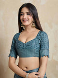 Blue Pure Handloom Tussar Woven Pallu Ajrakh Printed With Blouse Piece