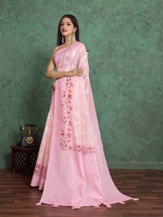 Pink Pure Cotton Lucknowi Woven Printed Saree With Tassels Saree With Blouse Piece