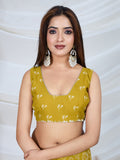 Poly Georgette Geometric Print Saree With Embroidery And Scaloping Work With Unstitched Blouse Piece