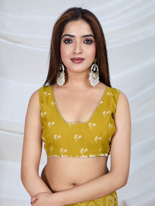 Poly Georgette Geometric Print Saree With Embroidery And Scaloping Work With Unstitched Blouse Piece