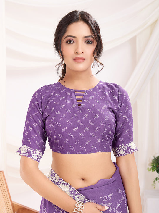 Purple Poly Georgette Festive Wear Saree With Blouse Piece