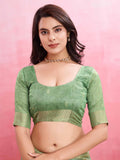Turquoise Green Cotton Banarasi Woven Rich Pallu Printed Saree With Blouse Piece