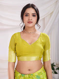 Green Pure Chiffon Viscose Border Block Printed Saree With Blouse Piece