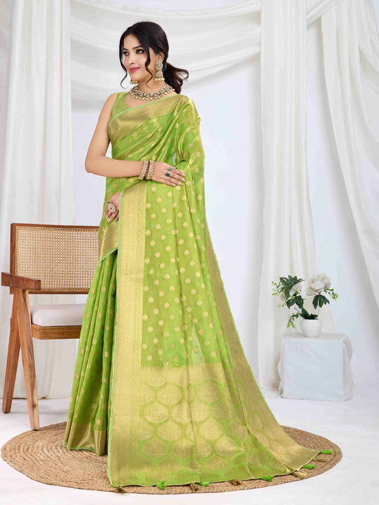 Green Pure Tissue Silk Banarasi Saree With Brocade Blouse Piece