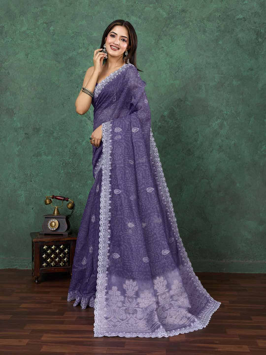 Purple Cotton Banarasi Printed Saree With Thread Embroidery Scalloping  Saree With Blouse Piece
