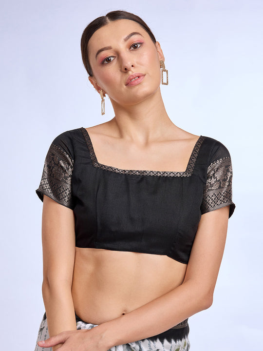 White & Black Dola Silk Saree With Blouse Piece