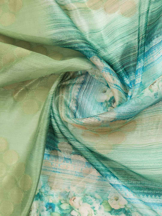 Turquoise Green Cotton Banarasi Woven Rich Pallu Printed Saree With Blouse Piece