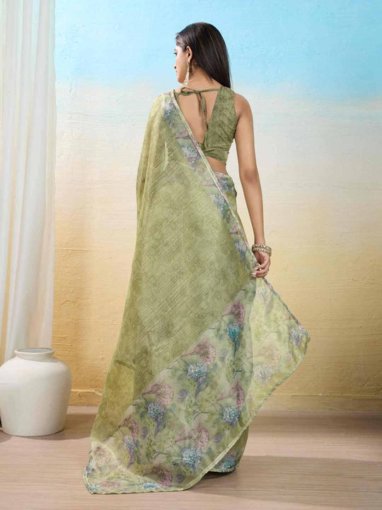 Olive-Green Organza Zari Woven Printed Saree With Hand-Sequence Embellishment Saree With Blouse Piece