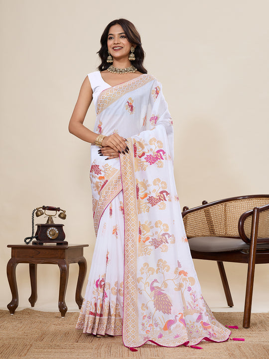White Cotton Saree With All Over Light Single Colour With Table Printed And Border Piping Saree With Blouse Piece