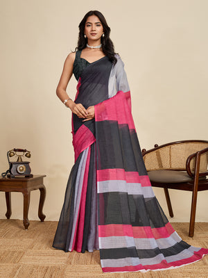 Multicolour Linen Saree With Jari Border All Over Single Colour Printed Saree With Blouse Piece