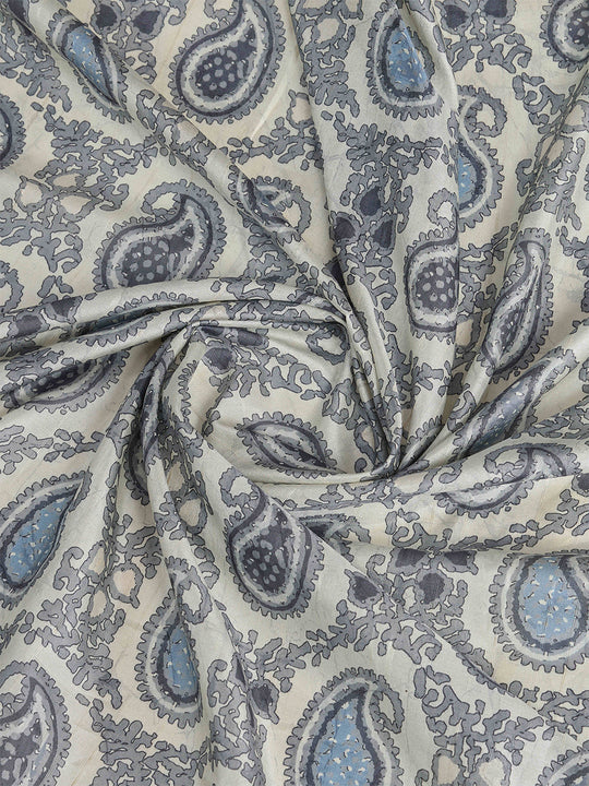 Offwhite Pure Handloom Tussar Woven Pallu Ajrakh Printed With Blouse Piece