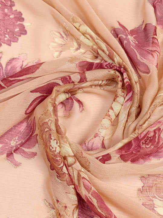 Peach Silk Chiffon Viscose Border Floral Printed Saree Saree With Blouse Piece