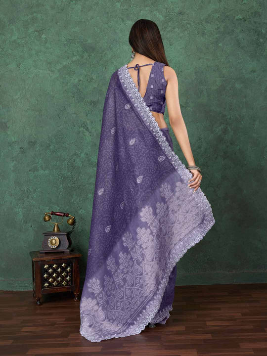 Purple Cotton Banarasi Printed Saree With Thread Embroidery Scalloping  Saree With Blouse Piece