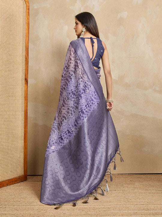 Purple Pure Cotton Tie And Dye Printed Banarasi Rich Pallu Saree With Zari Tassels Saree With Blouse Piece