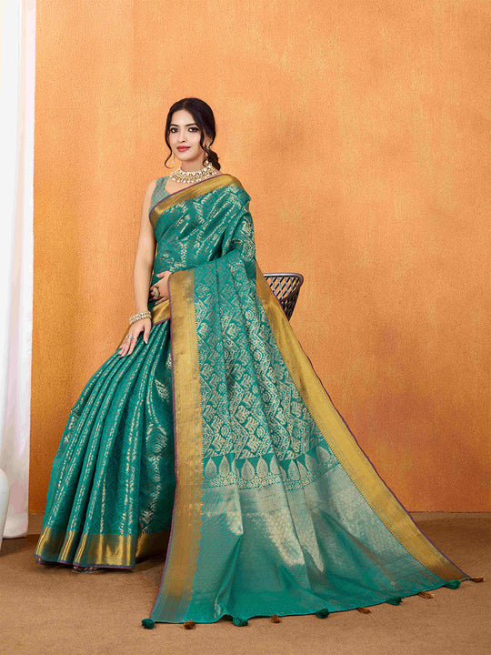 Seagreen Ikkat Woven Kajeevaram Silk Rich Pallu With Blouse Piece