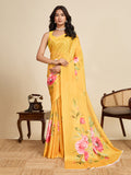 Yellow Chinon Saree All Over Single Colour Printed Saree With Blouse Piece