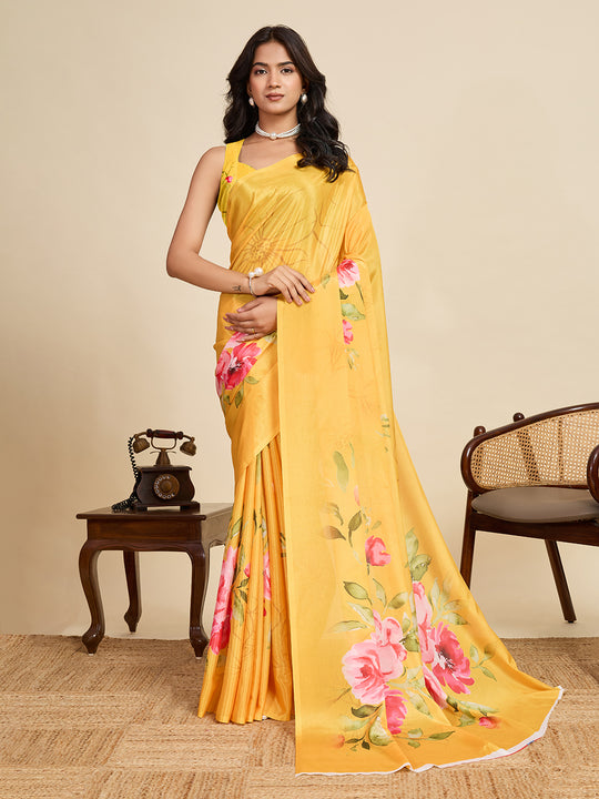 Yellow Chinon Saree All Over Single Colour Printed Saree With Blouse Piece