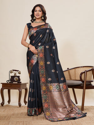 Black Pure Jacquard Fabrics With Sona Chandi Pure Zari Work Saree With Blouse Piece