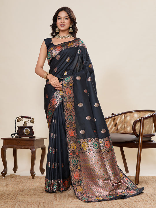 Black Pure Jacquard Fabrics With Sona Chandi Pure Zari Work Saree With Blouse Piece