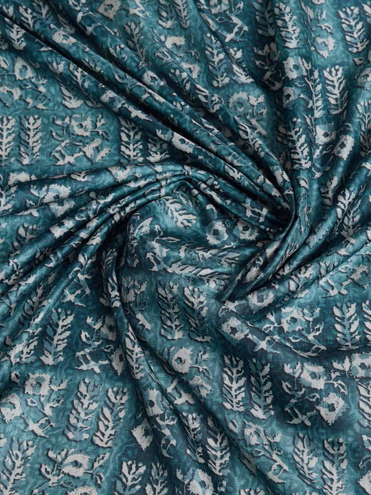 Blue Pure Handloom Tussar Woven Pallu Ajrakh Printed With Blouse Piece