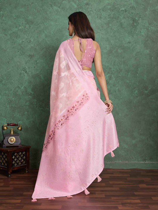 Pink Pure Cotton Lucknowi Woven Printed Saree With Tassels Saree With Blouse Piece
