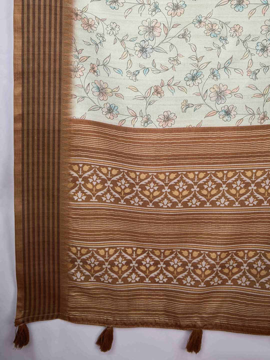 Green Pure Tussar Viscose Border Paisley Digital Printed  With Blouse Piece