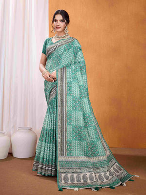 Seagreen Pure Tussar Silk Ajrakh Block Printed With Blouse Piece