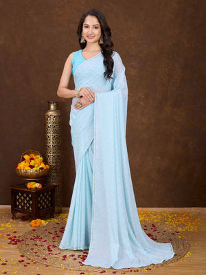 Blue Crepe Georgette Gold Foil Embellished Printed Saree With Blouse Piece