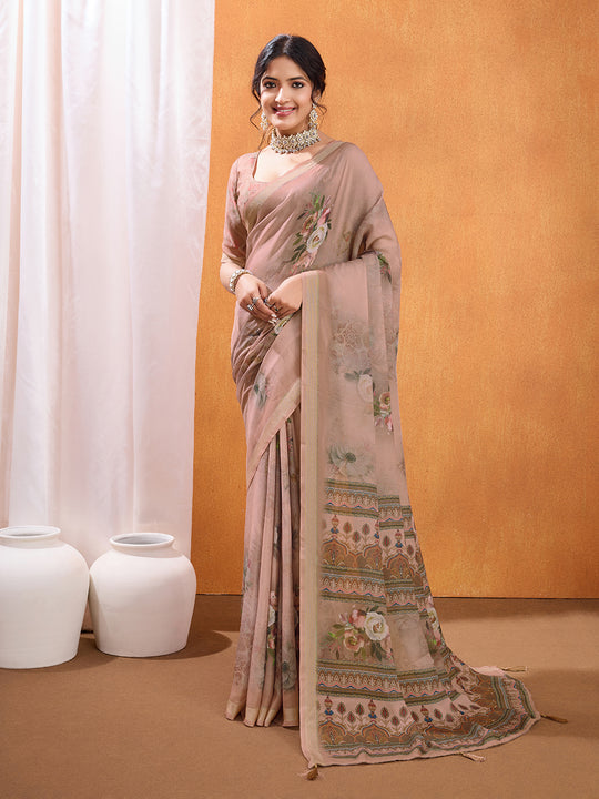 Peach Poly Crepe Party Wear Saree With Blouse Piece