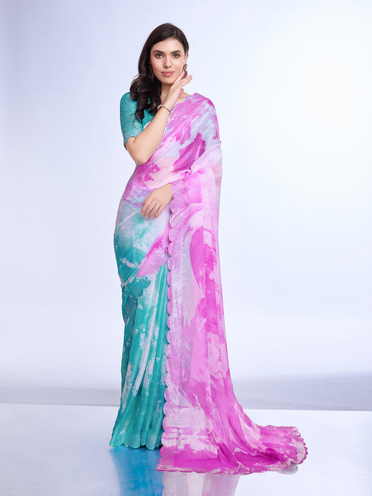 Pink Poly Chiffon Festival Saree With Blouse Piece