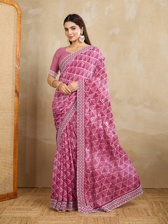 Poly Georgette Geometric Printed Saree With Embroidered Border And Blouse Piece