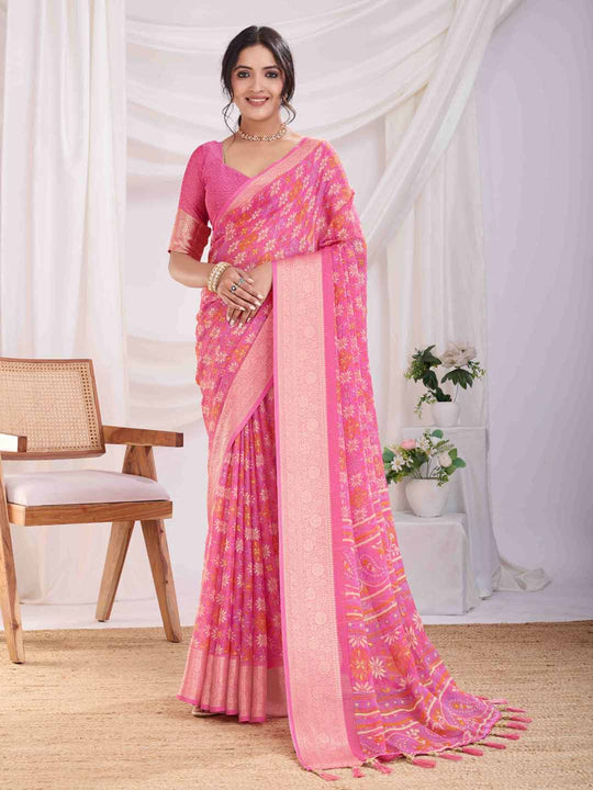 Pink Pure Chiffon Viscose Border Block Printed Saree With Blouse Piece