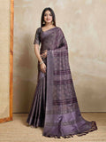Wine Pure Handloom Tussar Woven Pallu Ajrakh Printed With Blouse Piece