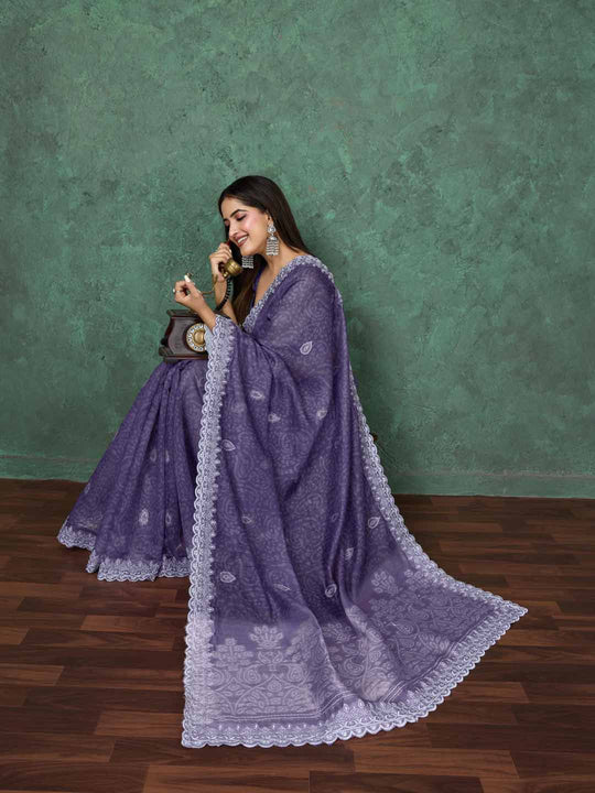 Purple Cotton Banarasi Printed Saree With Thread Embroidery Scalloping  Saree With Blouse Piece