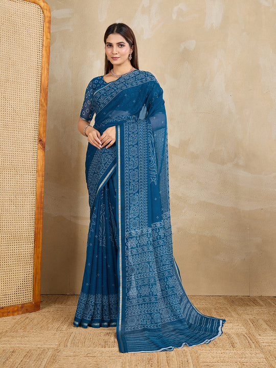 Pure Chiffon Bandhani Printed Saree With Viscose Woven Border And Blouse Piece