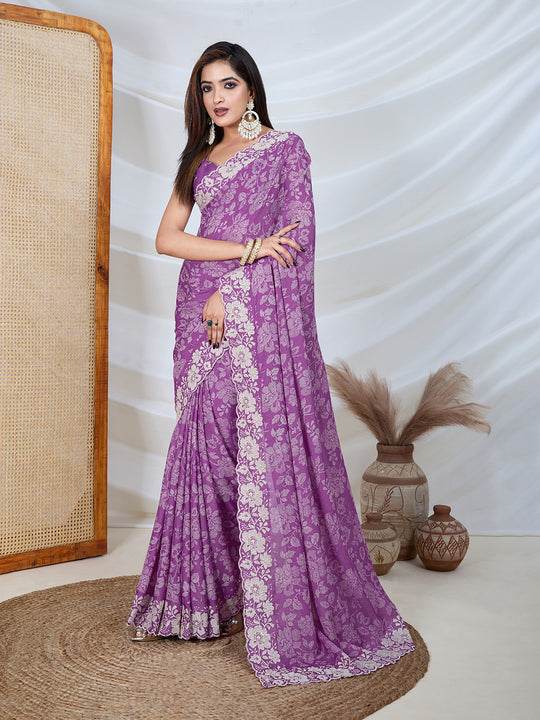 Poly Georgette Geometric Print Saree With Embroidery And Scaloping Work With Unstitched Blouse Piece
