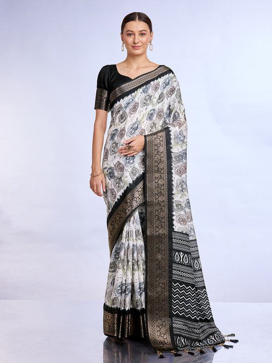 White & Black Dola Silk Saree With Blouse Piece