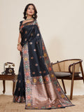 Black Pure Jacquard Fabrics With Sona Chandi Pure Zari Work Saree With Blouse Piece