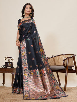 Black Pure Jacquard Fabrics With Sona Chandi Pure Zari Work Saree With Blouse Piece