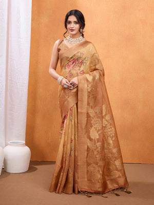Mustard Cotton Blend Saree With Blouse Piece